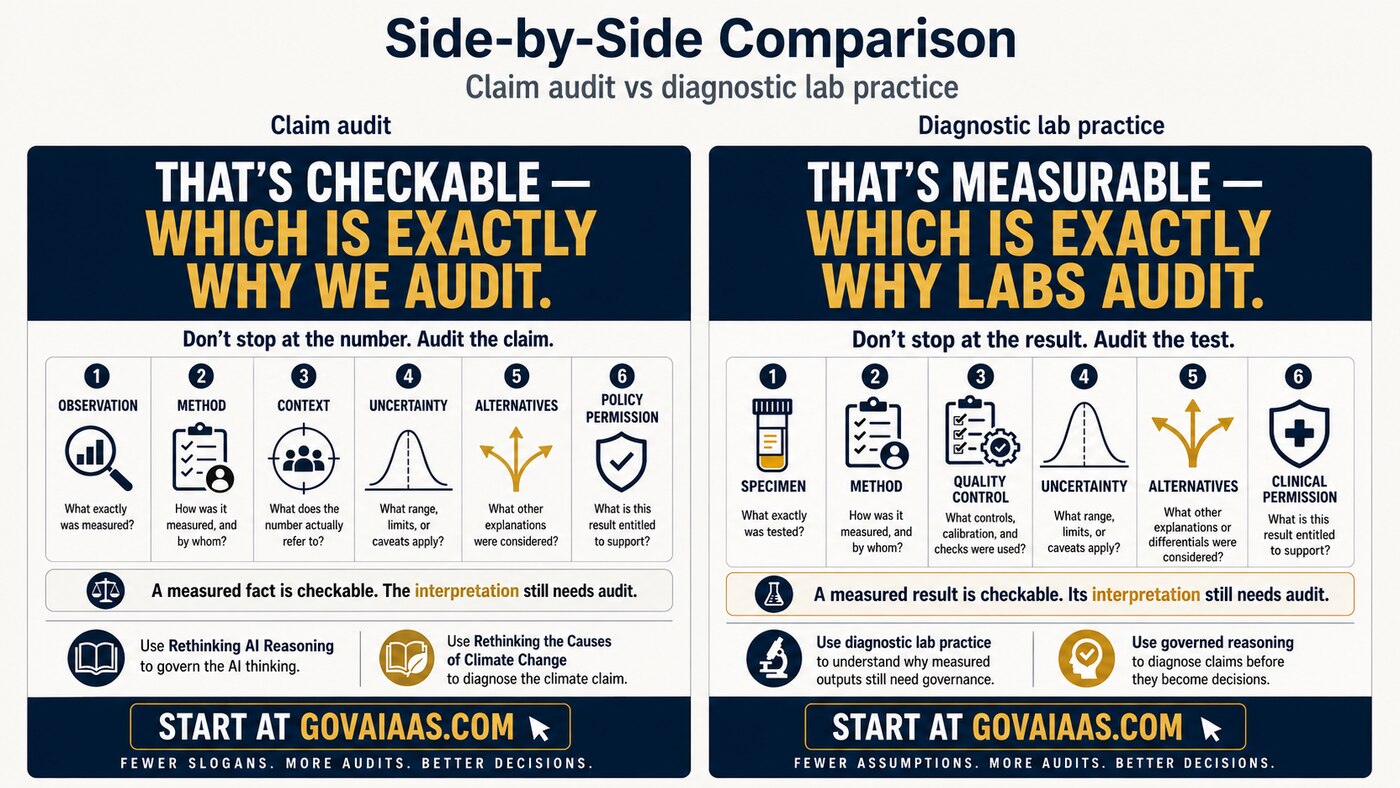 Side-by-side comparison: claim audit vs diagnostic lab practice